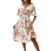 Women's Floral Print V-Neck Short Sleeve Elastic Waist A-Line Dress