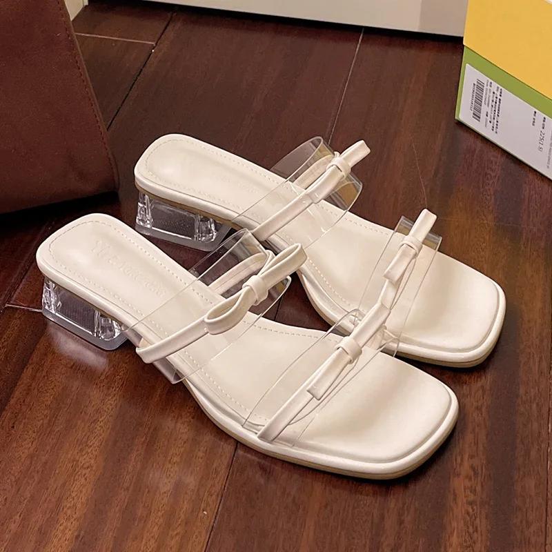 

Fashion Womens Sandals Transparent Square Heeled Shoes Party Banquet Bowknot High Heel Shoes Woman Summer Pvc Square Toe Sandalias Mujer 40 грязно-белый