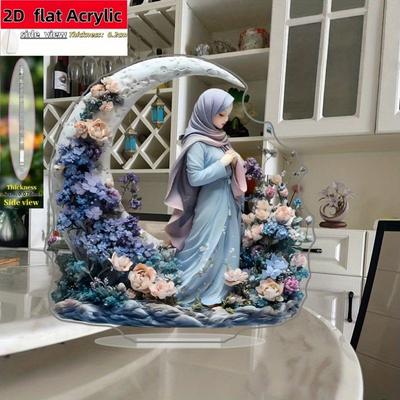 2D Flat Muslim Cultural Crescent Moon Acrylic Desktop Decoration, Floral Patterns Design, Suitable for Wall Decoration, Porch, Room, Villa, Accents Ho