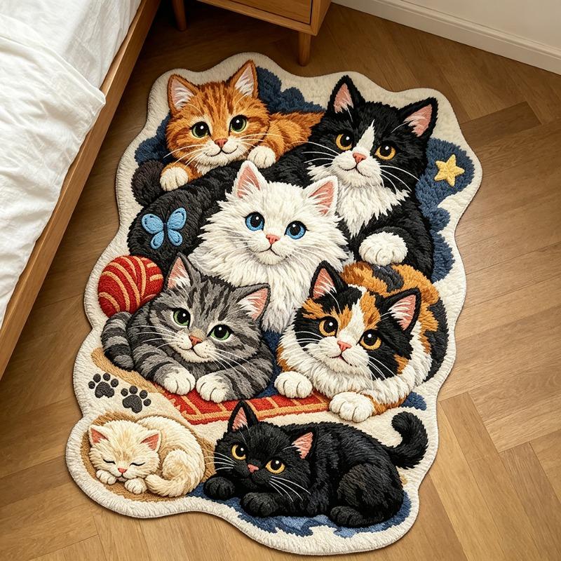 Lustiger Niedlicher Katzen-Druck Teppich Heimdekoration Atmosphärisches Schlafzimmer Nachttisch Plüsch Bodenmatte Weicher Flauschiger Waschbarer Teppich für Wohnzimmer