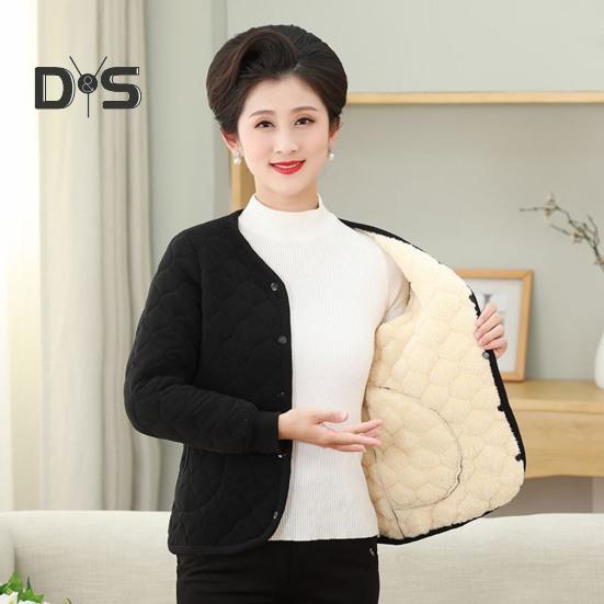Mid-aged Women Jacket Plush Size Thickened Fleece V Neck Single-breasted Slim Fit Long Sleeves Warm Pockets Mother Bottoming Coat