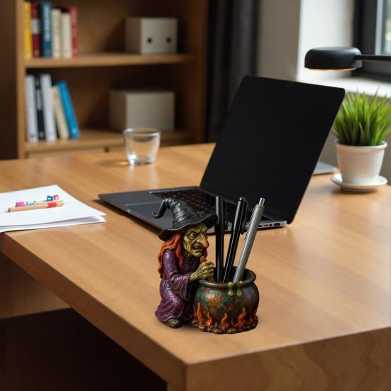 Witch Pen Holder Halloween Decoration Large Capacity Spooky Witch Design Desktop Pen Organizer Makeup Brush Holder