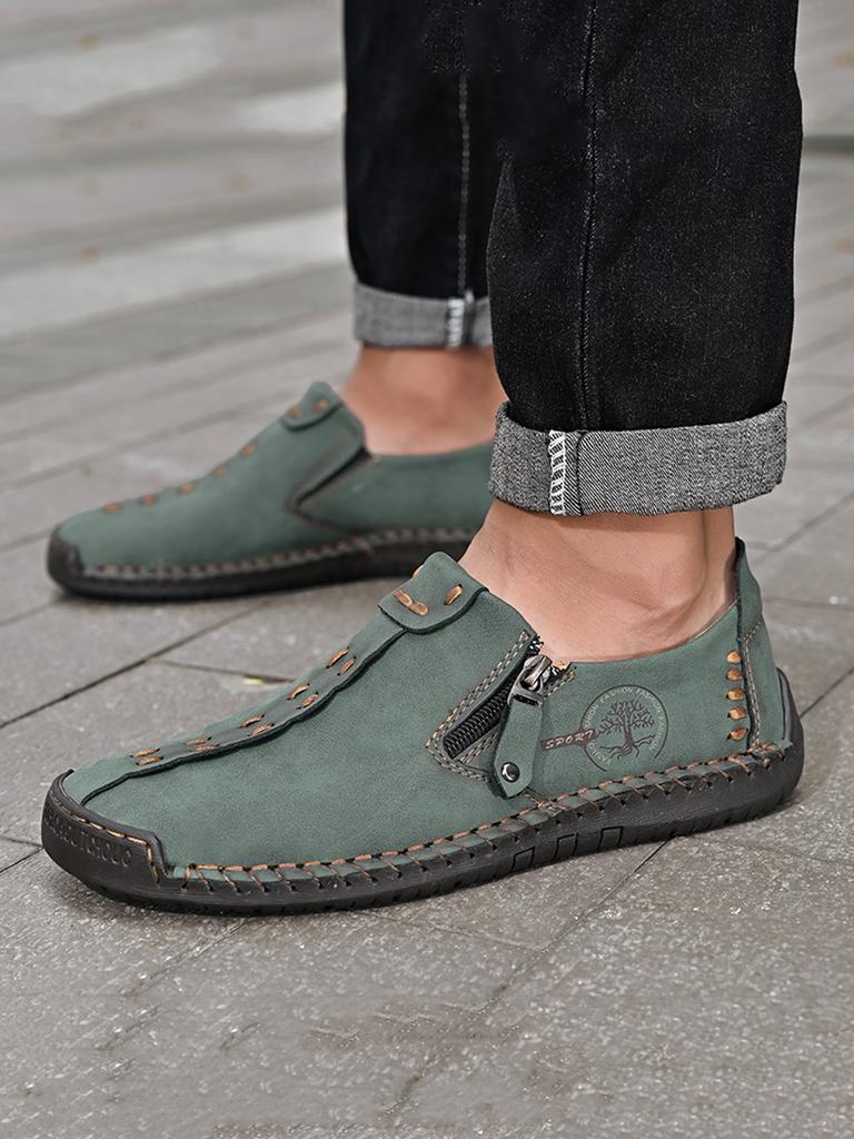 Herrars Handgjorda Vintage Loafers, Stilfulla Casualskor med Sidodragkedja, Flatskor för Vardagsbruk under Alla Årstider, Bekväma Herrskor i Stor Storlek