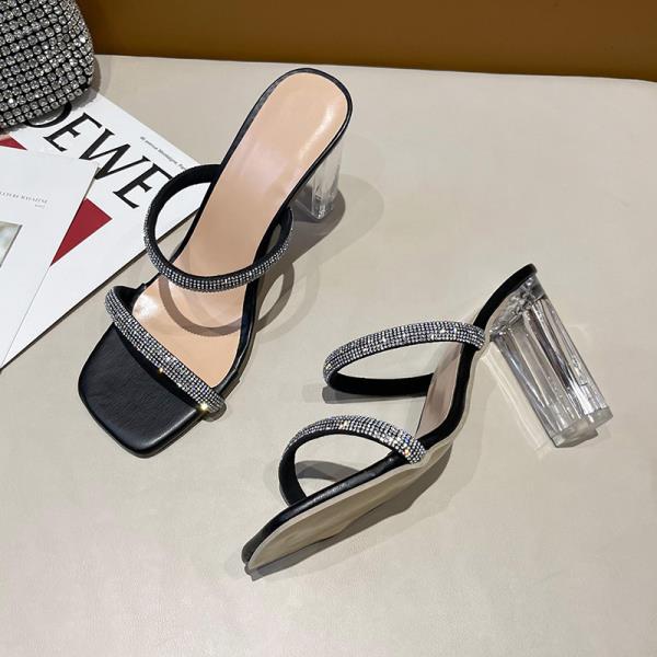 Fashion Square Toe Glitter Slides Shoes Slippers Heels Big Size Jelly High Block Transparent Pumps Scandals Crystal Glitter Slides High-