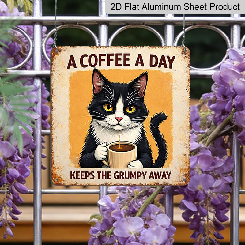 

2D Flat - 1pc Cute Cat Decoration, A Fun Coffee Shop Sign Made of Vintage Aluminum, Perfect for Home Wall Decor, It Suits Country - Style Indoor and 20*20cm