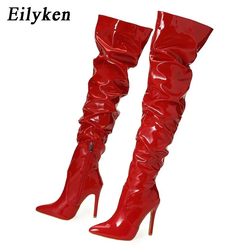 Fashion Eilyken High Quality Pointed Toe Pleated Women Over The Knee Booties Sexy Thigh High Boots Zipper Thin Heels Party Prom Shoes