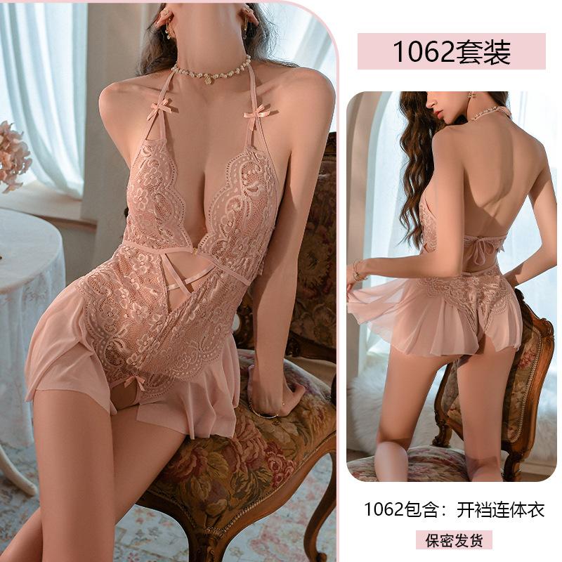 Sexy lingerie sexy lace neck seduction onesie women's crotch uniform free pajama set