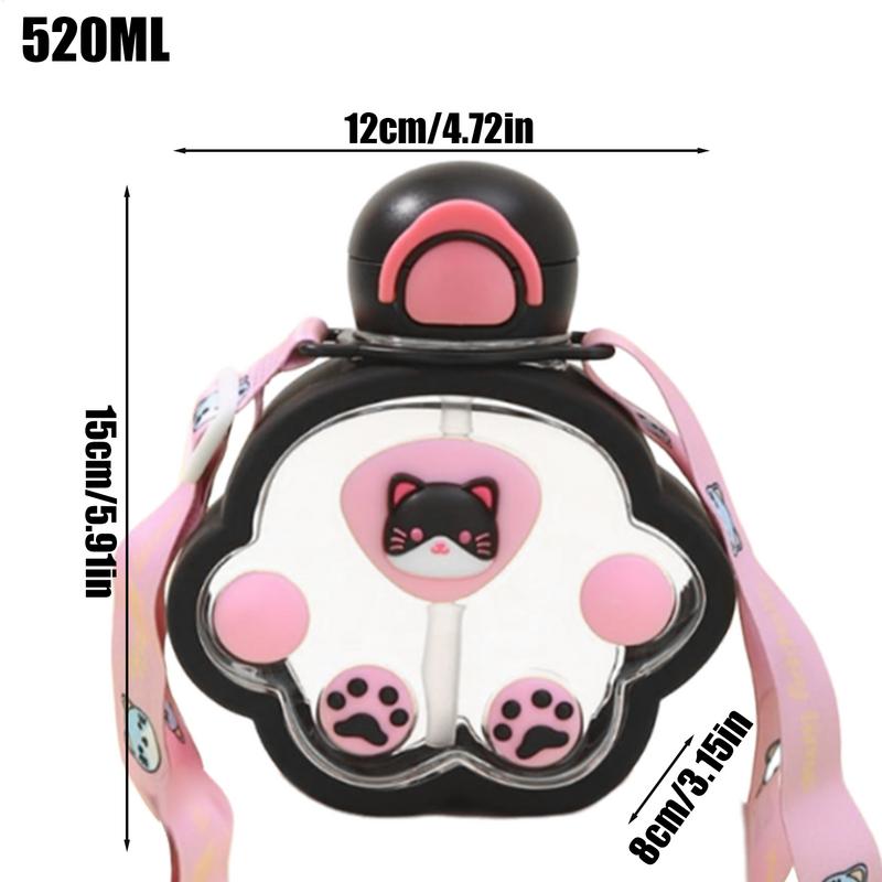 Cute Water Bottle With Straw 0.67oz Cat Paw Design Children Drinking Cup Large Capacity Shoulder Strap Leakproof Kettle For