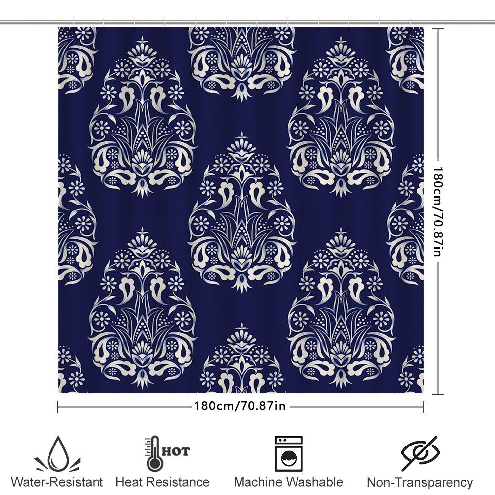Blue Shower Curtain With White Floral Patterns Bath Decor For Bathroom Waterproof Fabric 72 Long (Set)