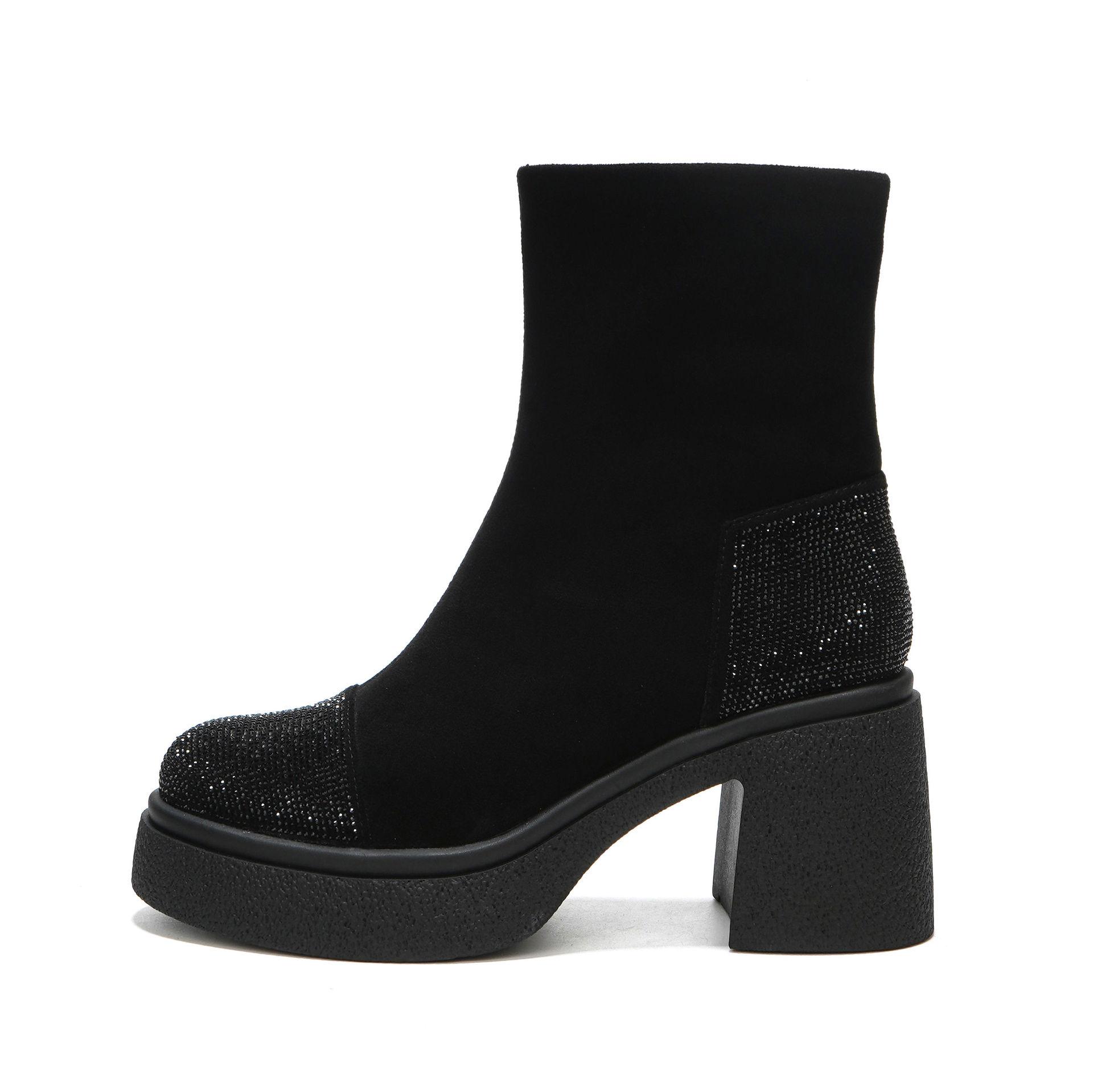 

Высокие каблуки женские со стразами толстый каблук короткие ботинки ботильоны осень и зима новые модные ботинки high sense 39