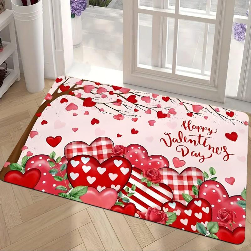 2D Flat Valentine Hearts Roses Flannel Door Mat Non Slip Romantic Love Theme Rug for Bedroom Living Room Gift Decor
