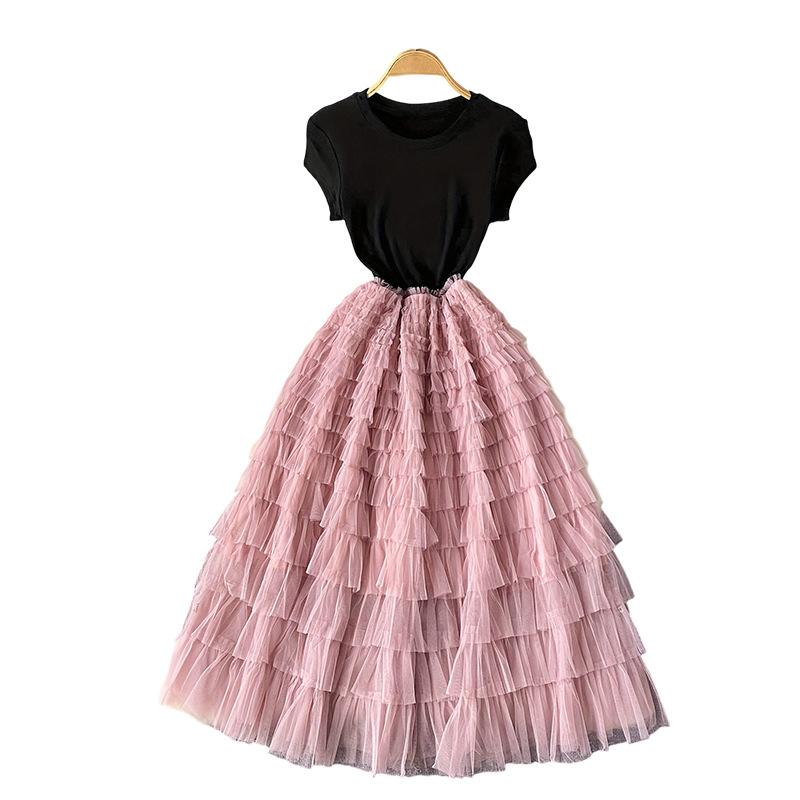 New dress spring and summer light luxury splicing mesh fairy long dress fake two pieces thin waist skirt