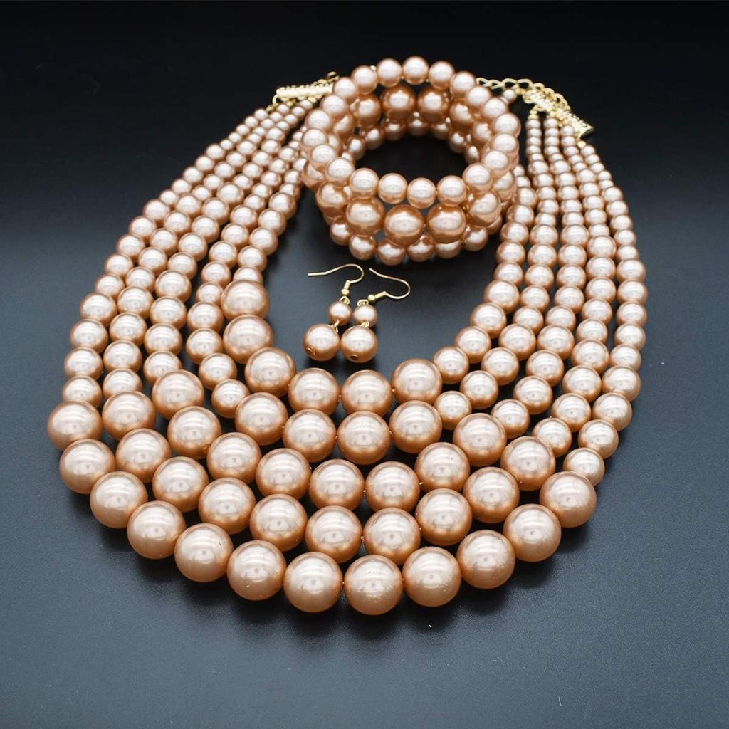 Perlen-Halskette für Damen Mehrsträngiges Armband und Ohrringe Set Kostümschmuck Zubehör