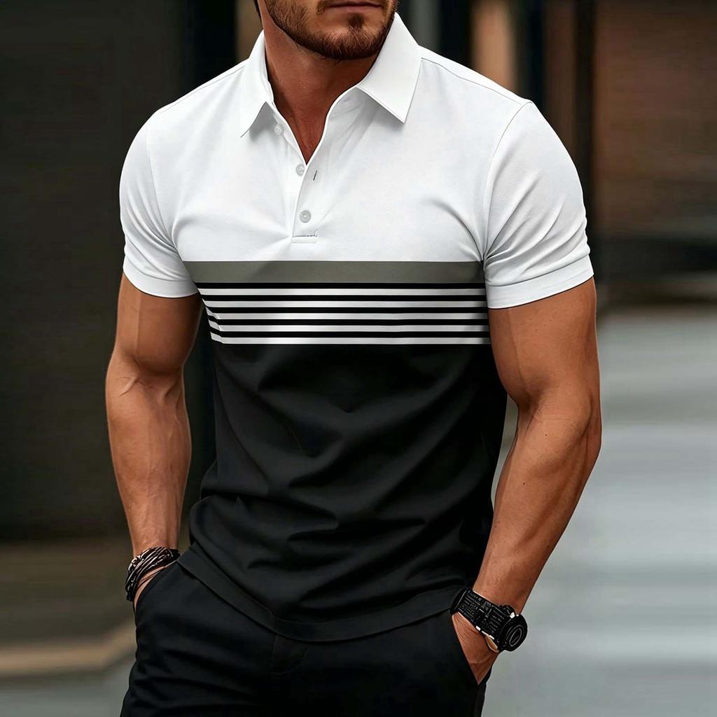 Men's Short Sleeve Polo Shirt Striped Design Button Collar Slim Fit Casual Wear Suitable for Daily and Outdoor Activities