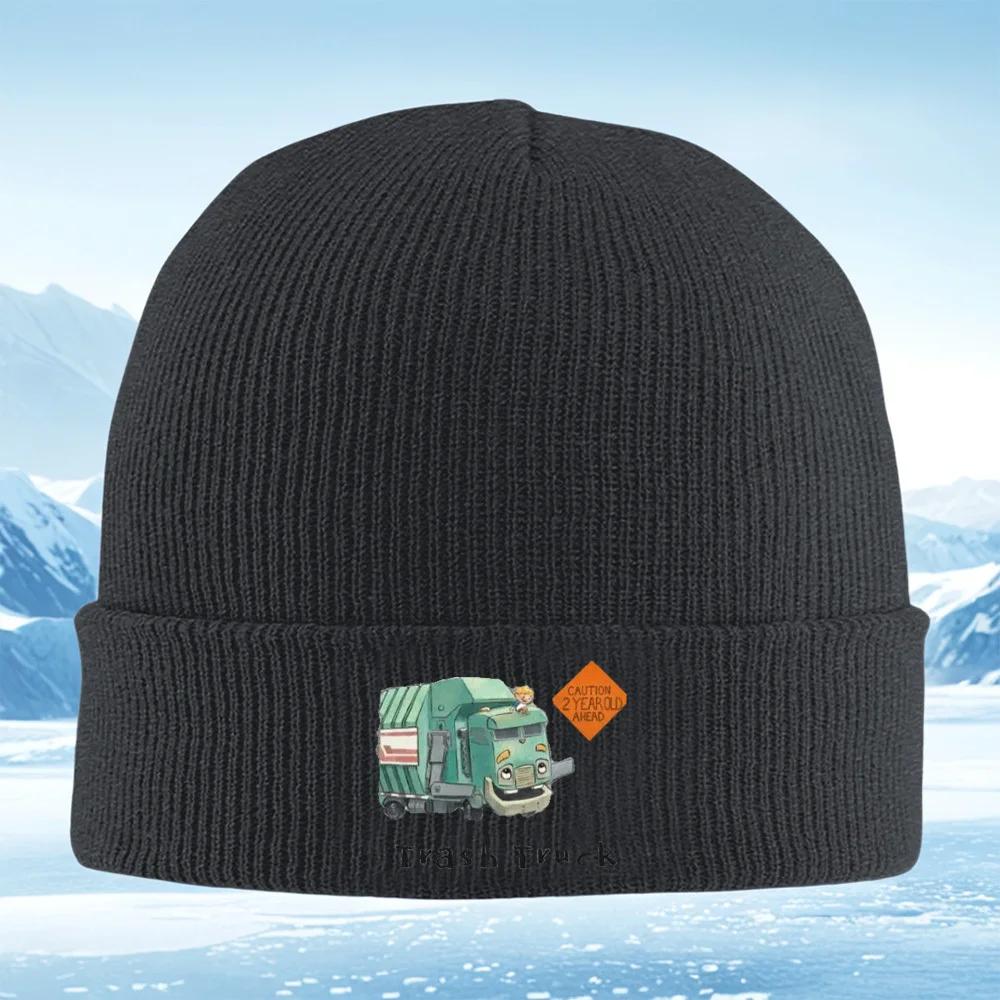 Smiling Trash Truck Orange Sign Cartoon Ahead Knitted Hat Unisex Women Unisex Beanie Pullover Cap Winter Thermal Warm Christmas Out