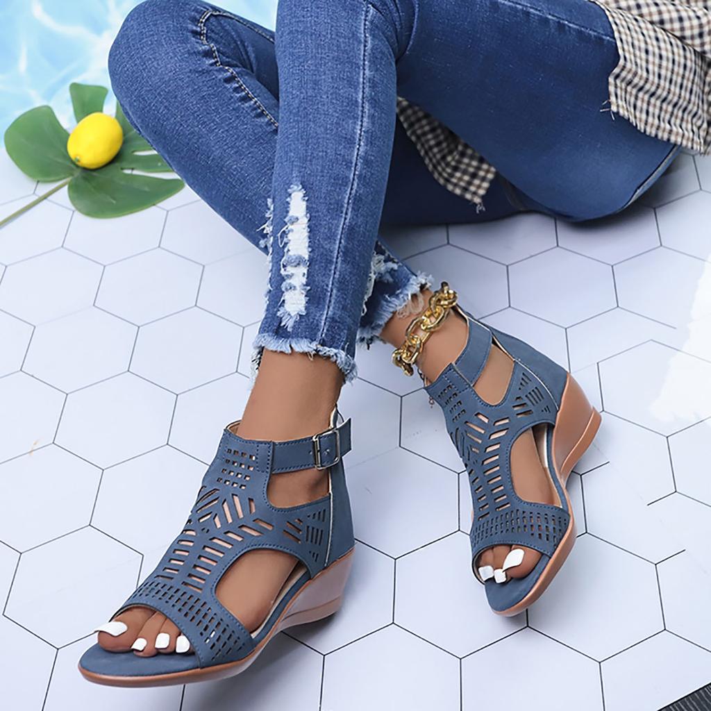 Scarpe Casual Moda Donna Peep Toe Sandali Zeppa Traforati Per Donna Colore Unico Tacco Morbido Sandalias De Mujer Verano 2026