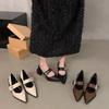 Large Size Medium Heel Mary Jane Small Leather Shoes Women's Shoes New Spring, Autumn and Winter Evening Shoes Black Pointed Single Shoes