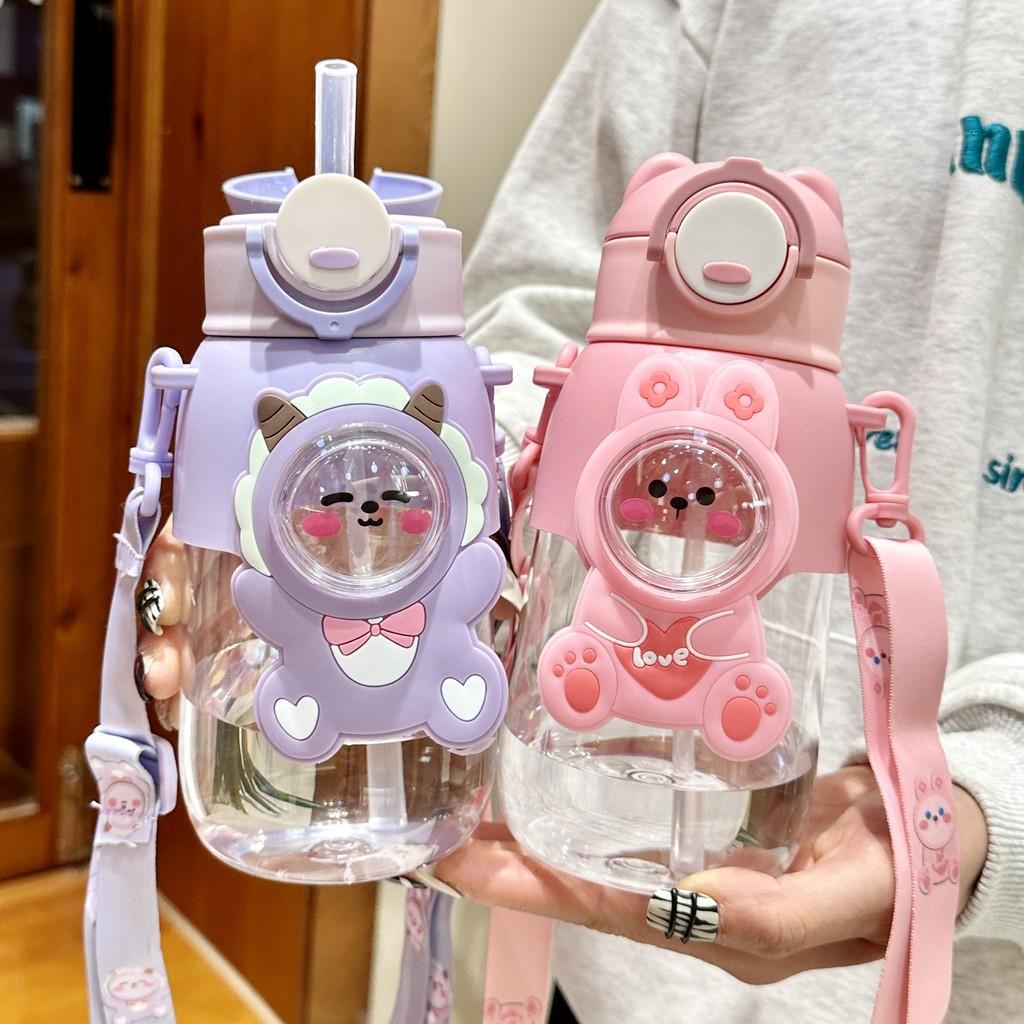 Plastic Kids Water Bottle With Straw And Cartoon Design For School And Travel