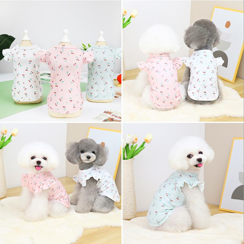 Ins New Hundeklær Blonde T-skjorte Små og mellomstore Hunde Schnauzer Blomster Topp Tegneserie Cherry Kjæledyr Vest Sommer Kjæledyr