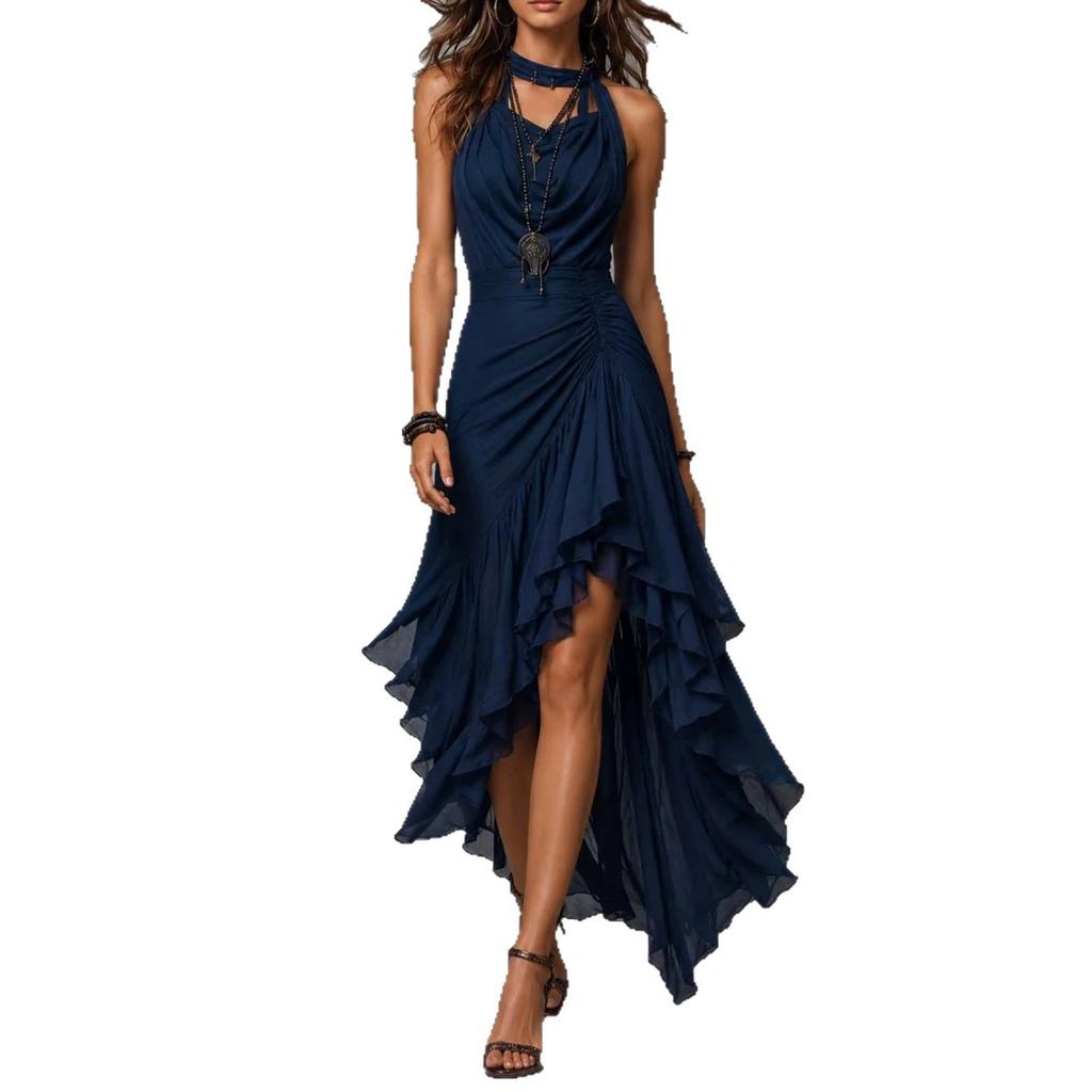 European and American Cross-border Amazon Women's Suspender Skirt Bohemian Pleated Fungus Ruffle Irregular Dress