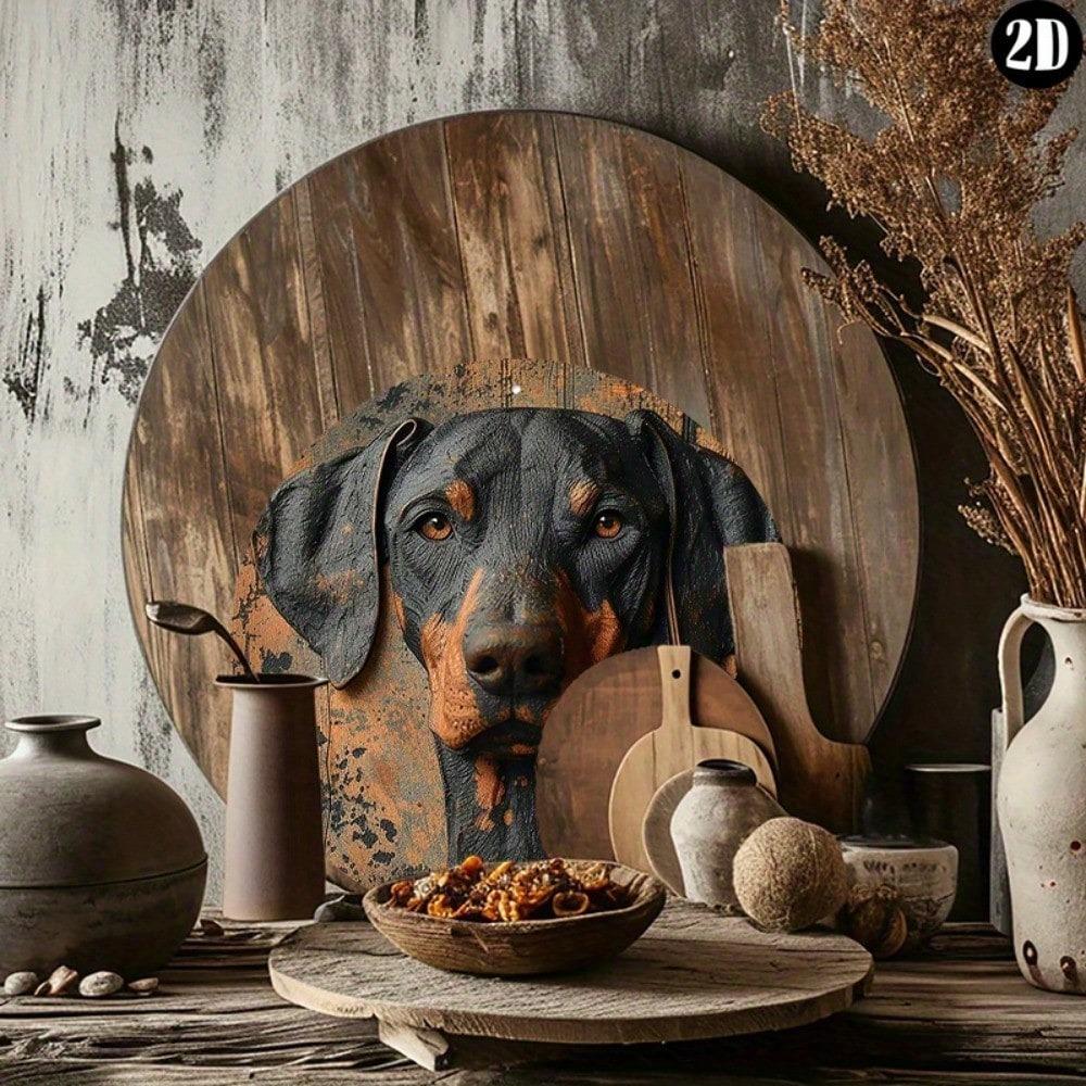 Doberman Pinscher Metal Wall Art Round Sign Outdoor Indoor Decor UV Resistant Lightweight Pre Drilled