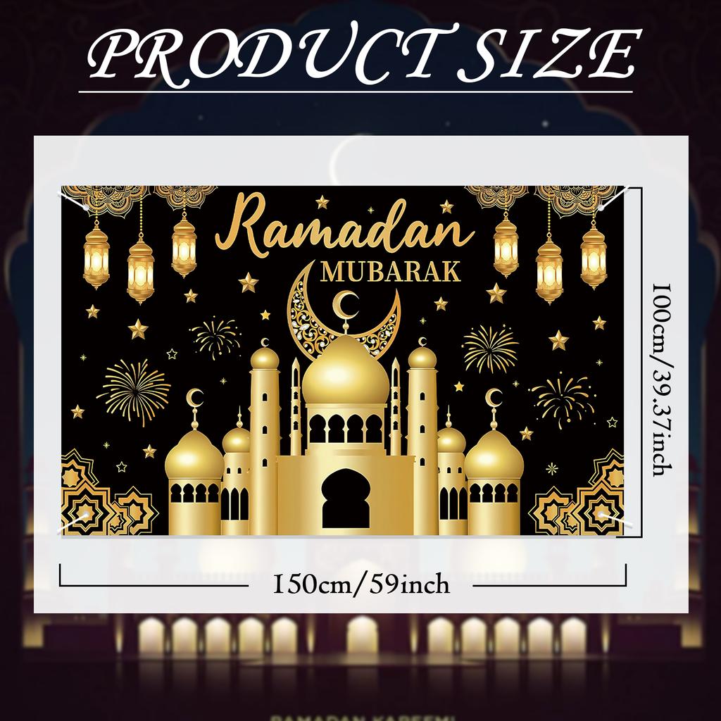 Ramadan Mubarak Backdrop Decoration Eid Background Banner, Kareem Decorative Wall Ramazan Poster, Muslim Black Gold Fabric Sign