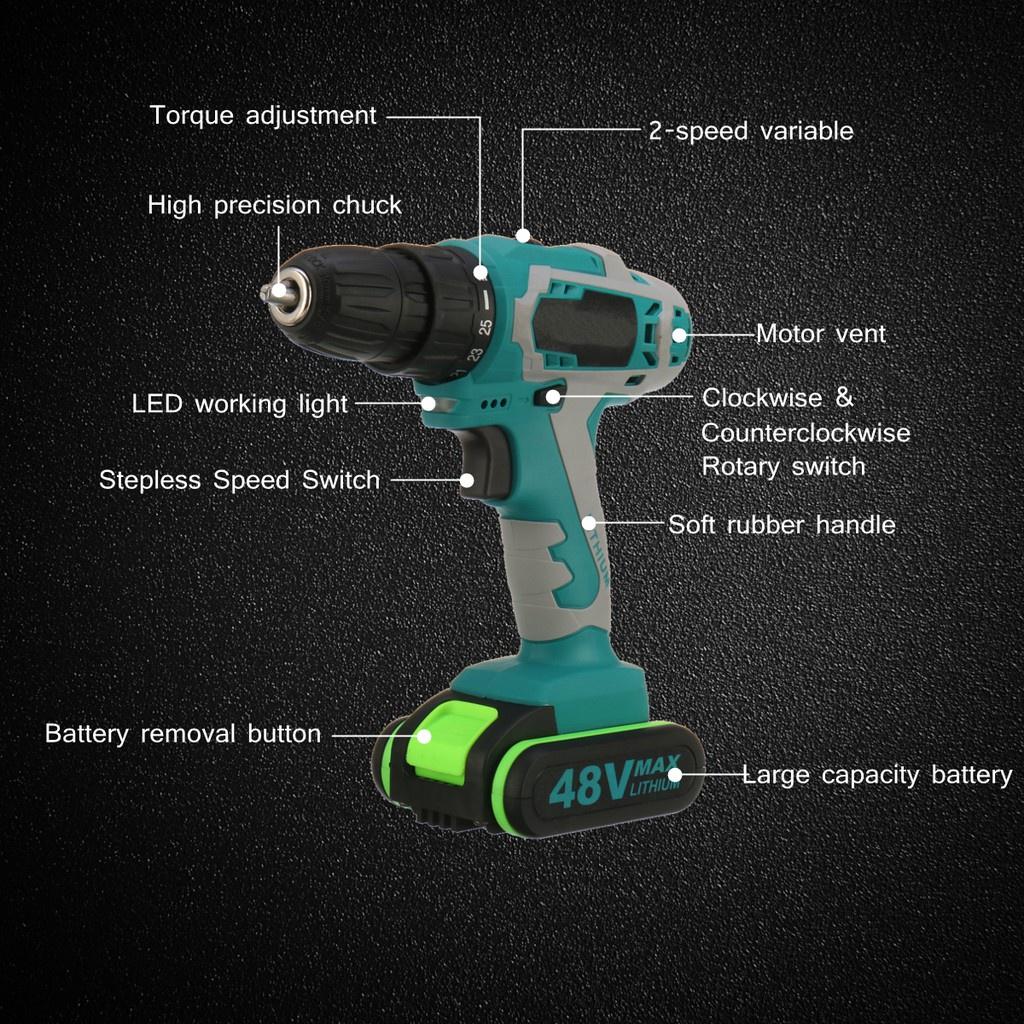 48V Dual Speed Brushless Cordless Electric Impact Drill Hammer Screwdriver LED Lighting