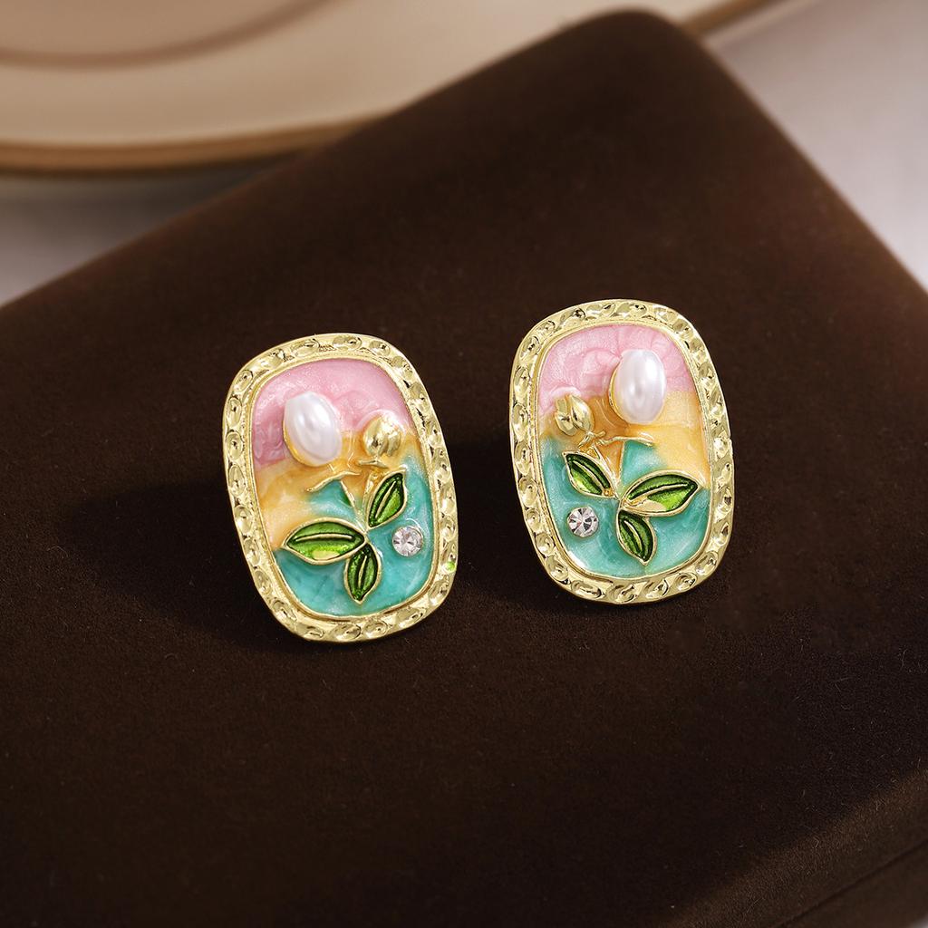 Women's Igh-grade Oil Painting Texture Earrings Retro Style Oval Shape Gentle Flower and Zircon Stud Earrings 2024 Party Zircon