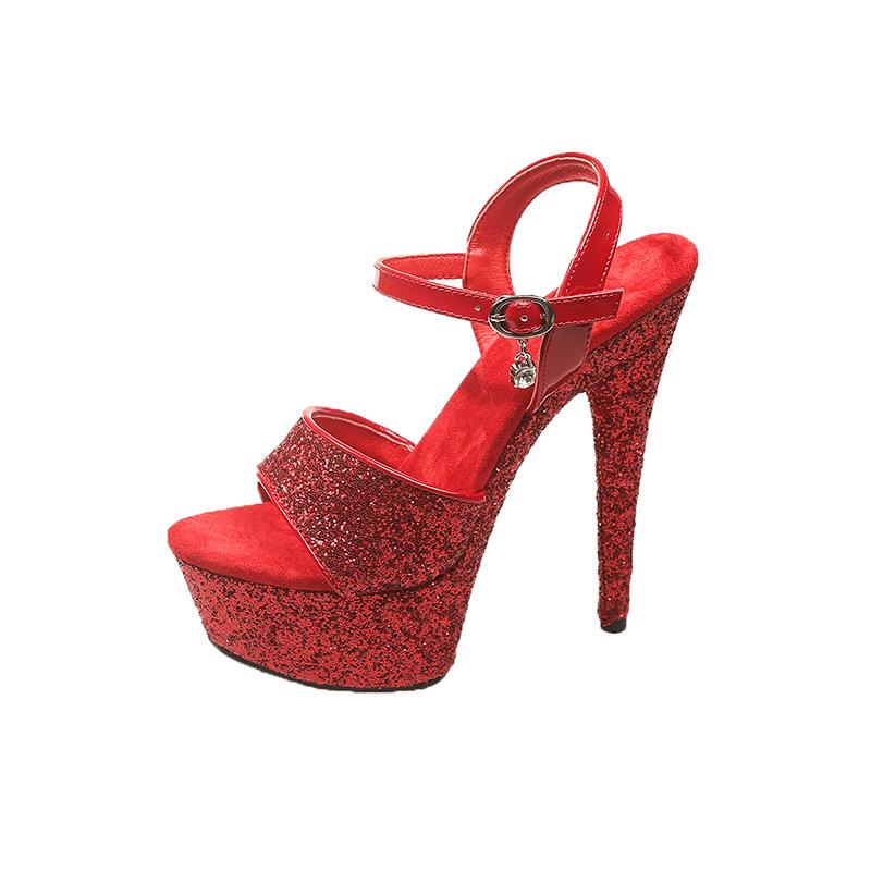 

Sexy summer new sequined waterproof table super high fine heel women s sandals 43 червоний