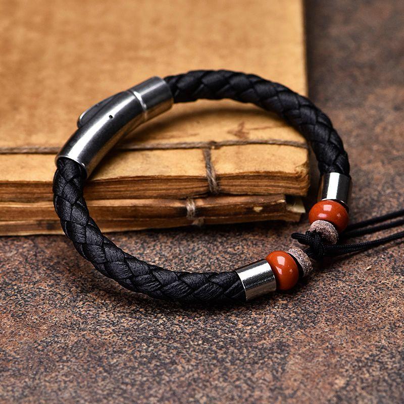 

Плетение Винтаж DIY Полуфабрикаты Ремешок для переноски Нефрит Предметы коллекционирования-Автограф Аксессуары Плетеный кожаный браслет Аксессуары Мужские и женские Black rope + red stone (total length 14-15cm)