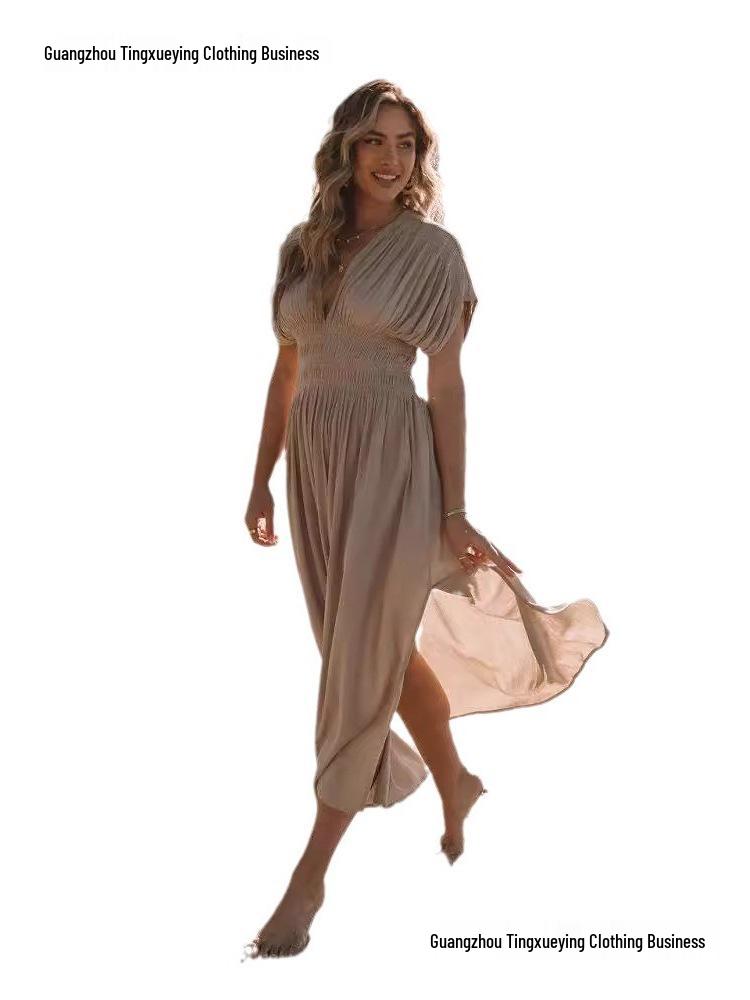 Summer V-neck Batwing Sleeve Elastic Waist Split Long Dress