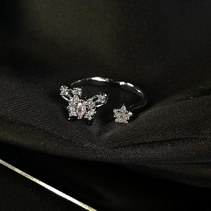 Sweet And Cool Pink Zircon Butterfly Open Ring Female Niche Design Cold Wind Fashion Personality Advanced Sense Index Finger Ring