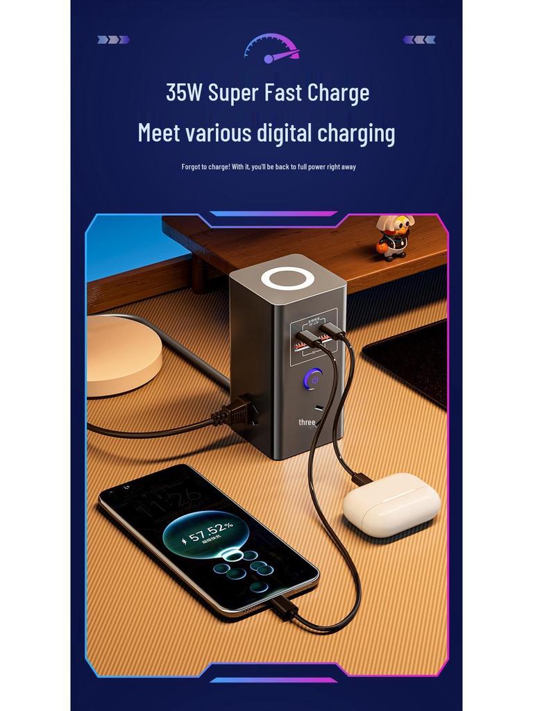 35W GaN Schnelllade-Steckdosenleiste mit USB & Kabellosem Desktop-Ladegerät