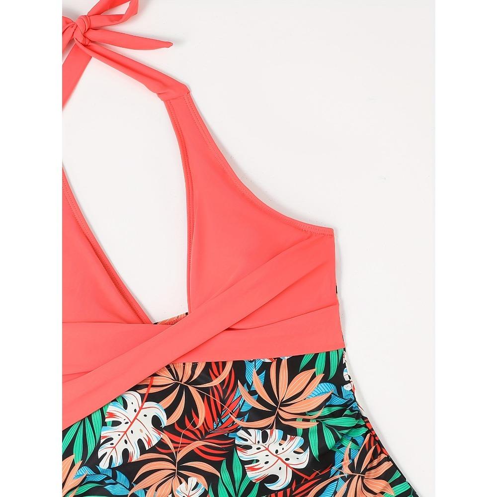 Solid Color Sexy One-piece Swimsuit, Halter V Neck Tummy Control High Cut Bathing Suits, Women's Swimwear & Clothing