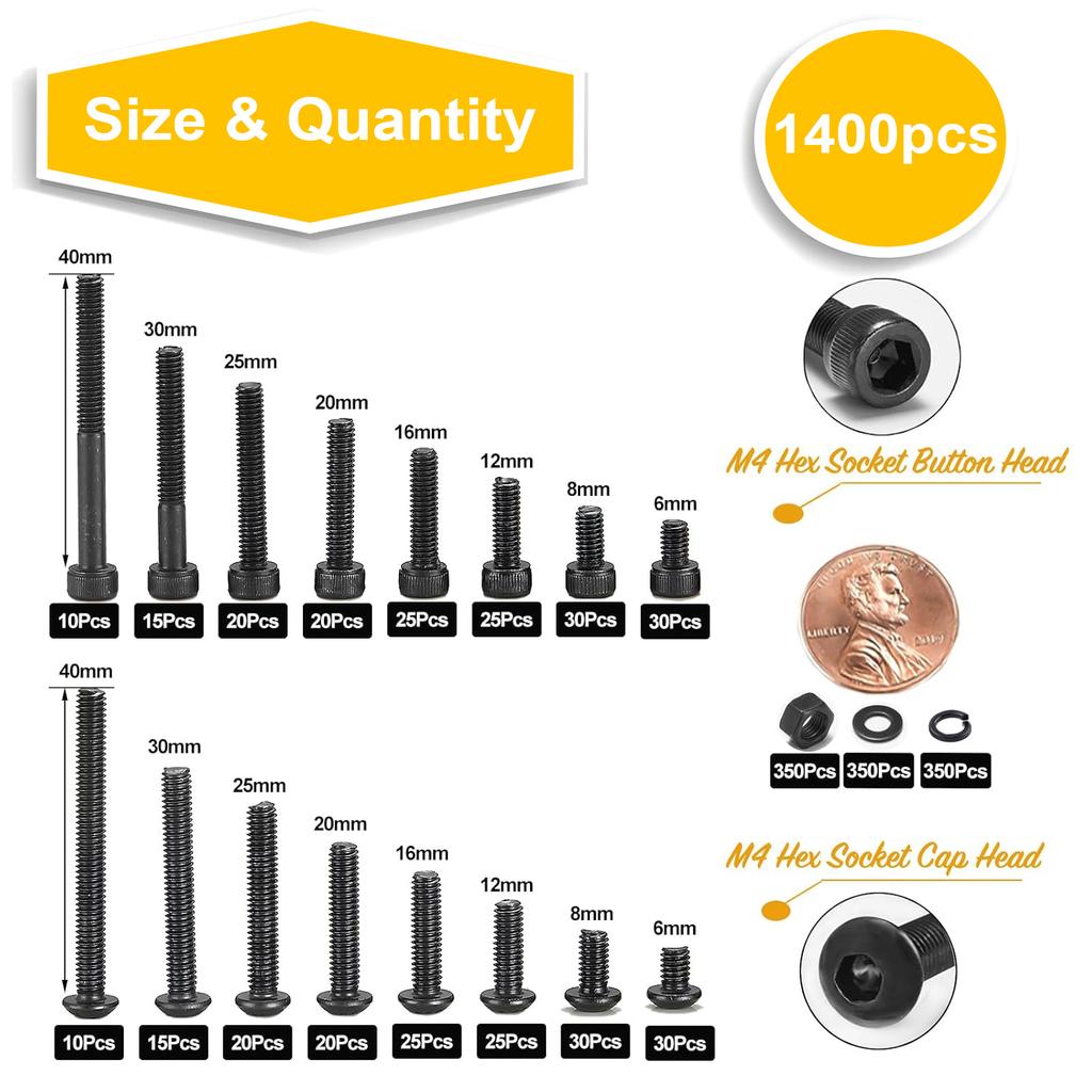 1400 czarnych śrub sześciokątnych z łbem podkładkowym i łbem połówkowym, zestaw kombinowany śruba + podkładka + nakrętka.