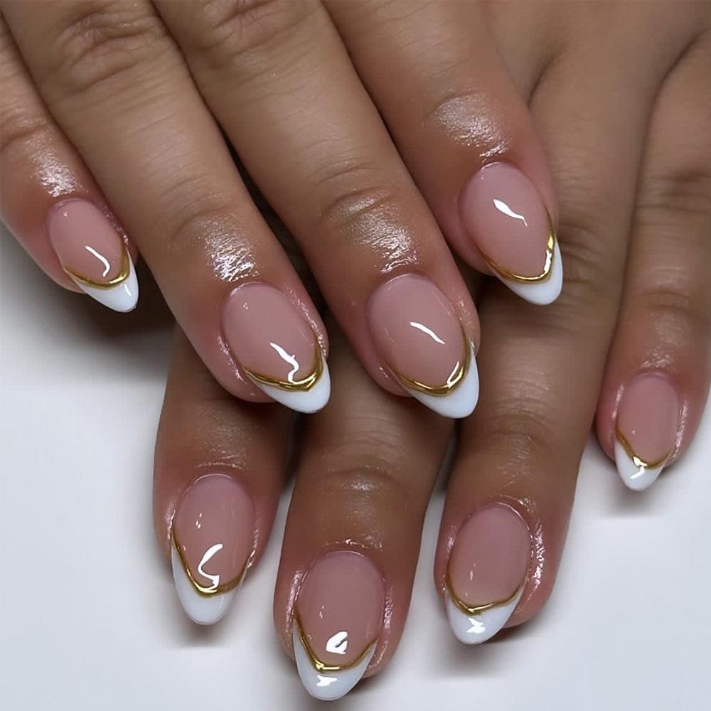 24-Piece Set: Luxury Glossy Almond Fake Nails with 3D Gold Stripes