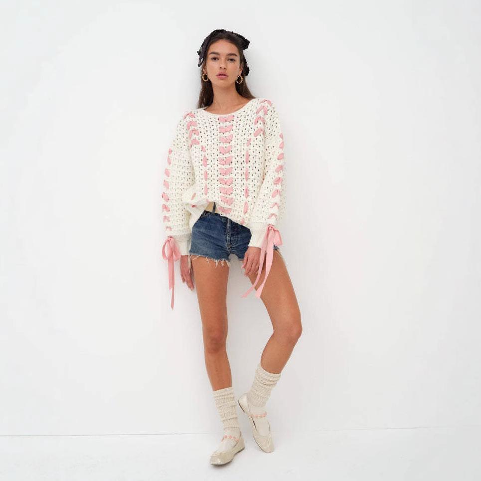 Autumn and Winter Women's Personalised Design Sense Round Neck Ribbon Temperament Sweet and Versatile Sweater
