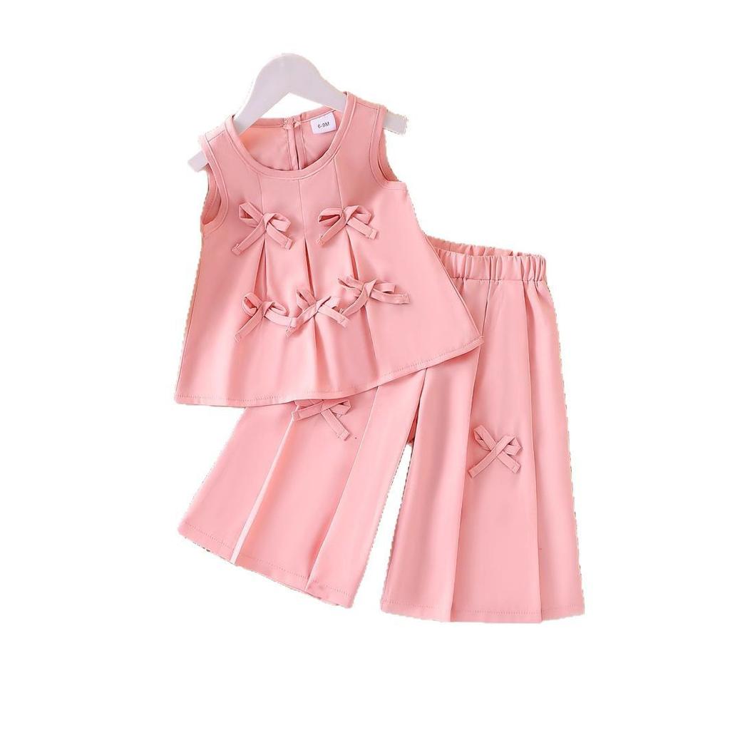 Sweet Set Girl's Spring/Summer Children's Sleeveless Bow Top + Trousers Two-piece Set