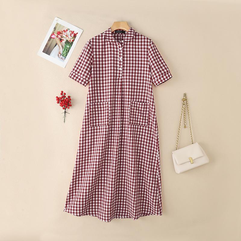 ZANZEA Damen Turn-Down-Kragen Kurzarm Lässiges kariertes Print-Kleid