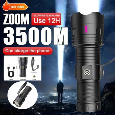 Powerful Super Long Range LED Flashlight Type-C Charging Strong Light 3 Modes Zoom Tactical Handlamp Outdoor Camping Lantern