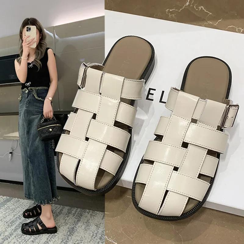 Módní dámské vyřezávané baotou pantofle jaro 2025 nazouvací ploché pletené poloviční pantofle líné cool pantofle