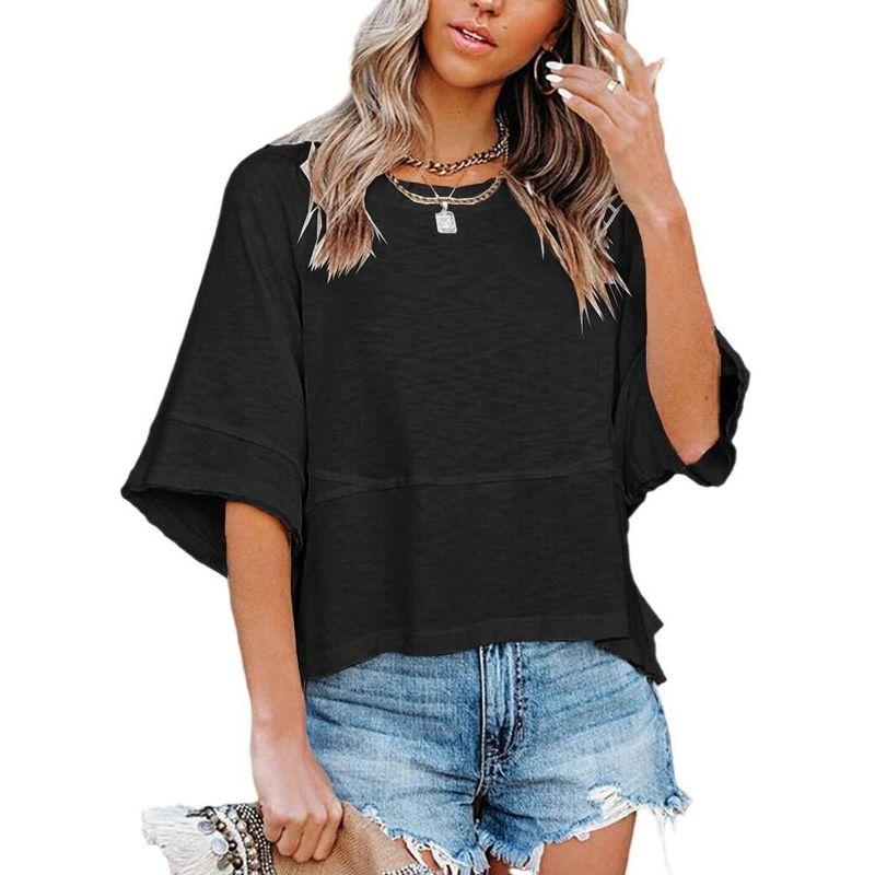 

2024 Solid Color Flared Sleeve Casual Loose T-shirt Top Black XXXL