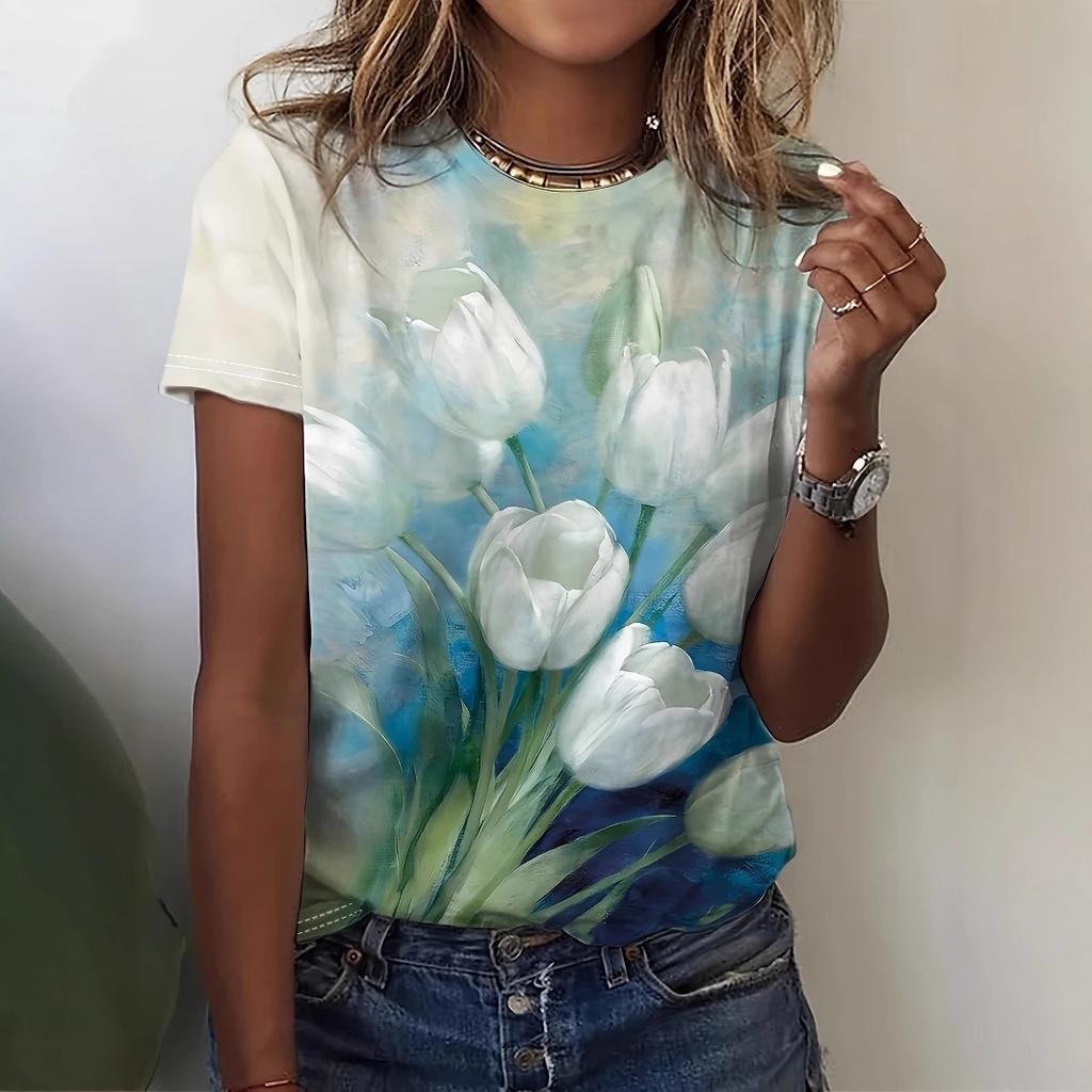 Women's round neck short sleeved T-shirt, women's summer small animal print, 3D digital print, popular print summer top 2880 EMA