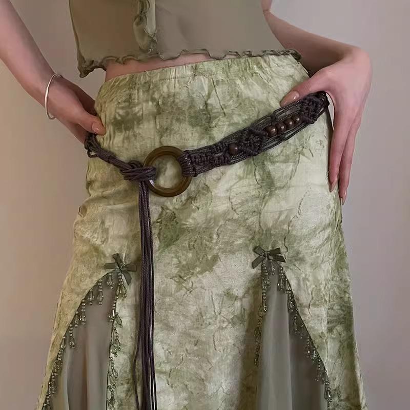 Retro Folk Woven Waist Rope Women Wooden Ring Design Feeling Bohemian Skirt Dress Belt Accessories