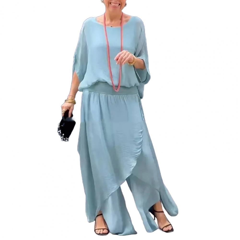 Women Chiffon Top Pants Set Spring Summer Casual Two Piece Crew Neck Top Wide Leg Pant Flowy Wedding Guest Outfit