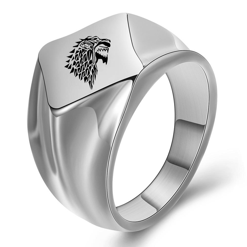 18MM Retro Laser-Engraved Wolf Head Rhombus Stainless Steel Men s Ring