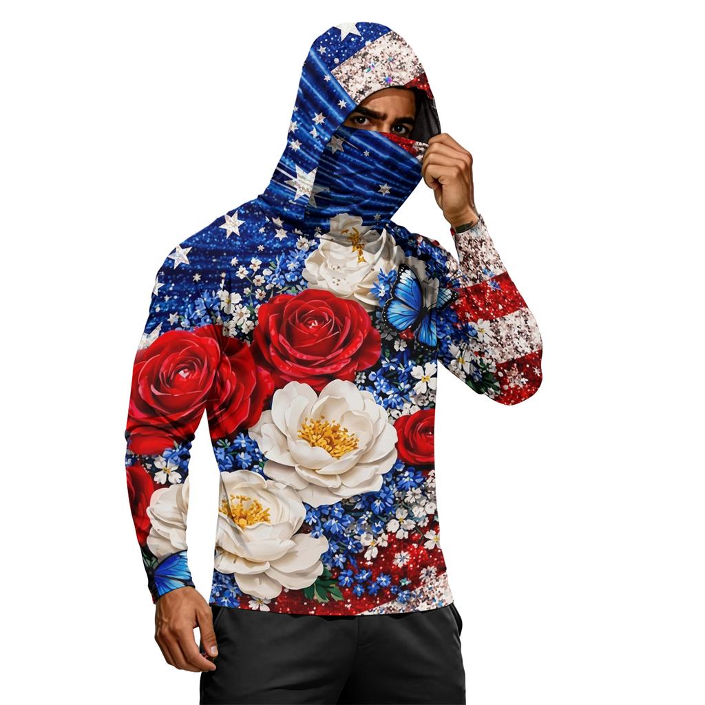 Men's Long Sleeve Lightweight Hoodie with Drawstring Hood and Face Covering Flag Print Casual Pullover Top