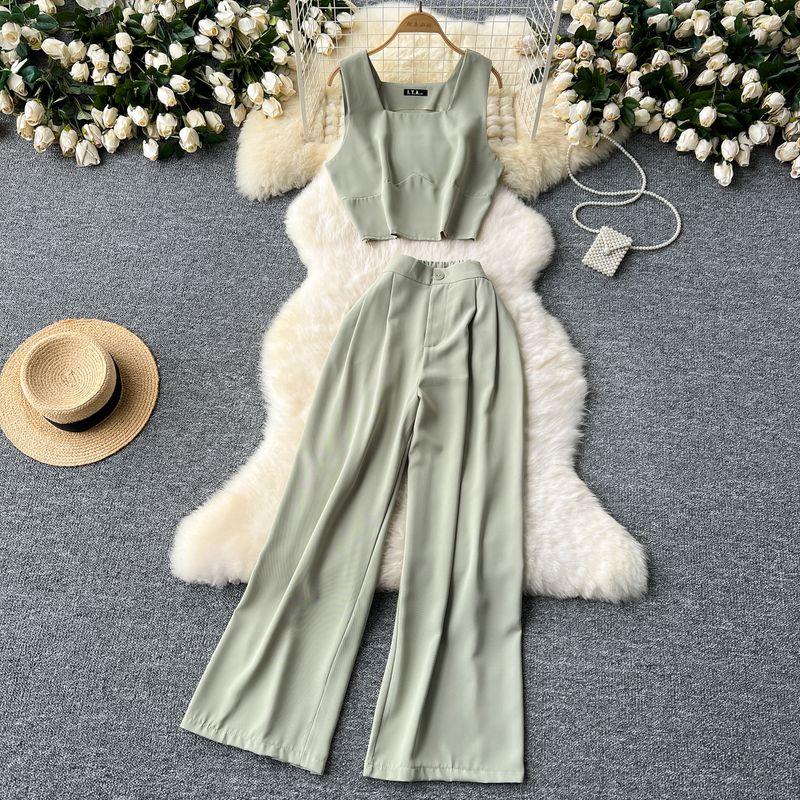 Fashion Niche Style Anti-Aging Outfits Women's Short Crop Top Sleeveless Vest Tops + High Waist Wide Leg Leisure Suit Pants