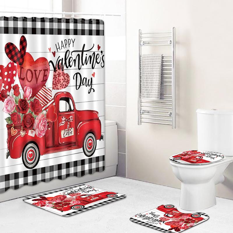 4 Pcs Valentine's Day Shower Curtain Sets With Rug, Toilet Lid, Non-Sli
