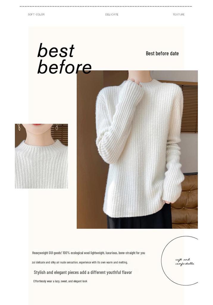 Women's Cashmere Striped Slimming Knit Sweater - Half-High Neck Autumn/Winter Base Layer